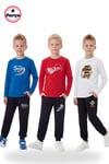 3'lü Yuvarlak Yaka Sweatshirt Siyah Eşofmanlı Baskı Detaylı 6 Parça Erkek Çocuk Alt Üst Takım