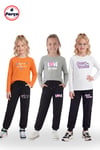 3'lü Yuvarlak Yaka Sweatshirt Siyah Eşofmanlı Baskı Detaylı 6 Parça Kız Çocuk Alt Üst Takım