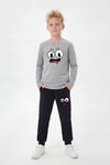 3'lü Yuvarlak Yaka Sweatshirt Siyah Eşofmanlı Baskı Detaylı 6 Parça Erkek Çocuk Alt Üst Takım