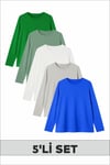 Doğal & Fresh Renklerde Yuvarlak Yaka Kız/Erkek Çocuk 5'li Sweatshirt