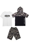 Erkek Çocuk 3'lü Kamuflaj Desenli Kapri-Baskılı Tişört- Kamuflaj Desenli Sweatshirt Alt Üst Takım