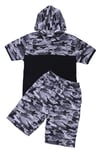 Erkek Çocuk Kapüşonlu Kamuflaj Desenli Kapri-Sweatshirt Alt Üst Takım