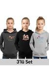KAPÜŞONLU 3'lü KIZ ÇOCUK SWEATSHİRT CEP DETAYLI-BASKILI