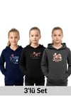 KAPÜŞONLU 3'lü KIZ ÇOCUK SWEATSHİRT CEP DETAYLI-BASKILI