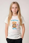KIZ ÇOCUK BASKILI HAPPY BEAR BEL DETAYI LASTİKLİ ALT-ÜST PİJAMA TAKIMI