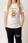KIZ ÇOCUK BASKILI HAPPY BEAR BEL DETAYI LASTİKLİ ALT-ÜST PİJAMA TAKIMI