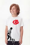 Tekli Atatürk, Kocatepe ve Bayrak Baskı Temalı Kısa Kollu Unisex Çocuk Tişört