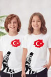 Tekli Atatürk, Kocatepe ve Bayrak Baskı Temalı Kısa Kollu Unisex Çocuk Tişört