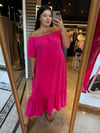 Büyük Beden Madonna Lastikli Yaka Kısa Kollu Maxi Boy Elbise - Pembe 