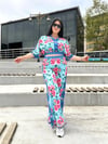 İtalyan İpek Saten Oversize Pembe Çiçek Desenli Kadın İkili Takım - Mavi 