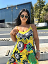 Oversize Asimetrik İp Askılı Desenli Midi Boy Elbise - Sarı 