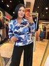 Oversize Batik Desen Önü Düğmeli Kadın Bluz -Mavi 