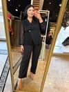 Oversize Çizgili Kumaş Boru Paça Kadın Pantolon - Siyah 