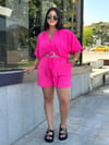 Oversize Gümüş Toka Detay Şortlu Ayrobin Kumaş Kadın İkili Takım - Pembe 