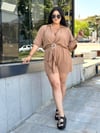 Oversize Gümüş Toka Detay Şortlu Ayrobin Kumaş  Kadın İkili Takım - Camel 