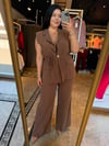 Oversize İp Bağlamalı Düğmeli Yelekli Kadın İkili Takım - Kahve 