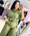 Oversize İşlemeli Keten Kadın Gömlek - Haki