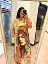 Oversize Kızılderili Desenli Simli V Yaka Maxi Boy Elbise - Krem