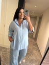 Oversize Koton Kumaş Kadın Gömlek - Mavi 
