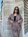 Oversize Leopar Desenli Kimono Kadın İkili Takım - Camel 