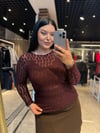 Oversize Likralı Transparan Dantel Bluz - Mürdüm 