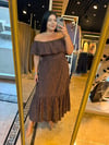 Oversize Madonna Yaka Brode Kadın Elbise - Kahve 