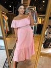 Oversize Madonna Yaka Brode Kadın Elbise - Pembe 