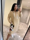 Oversize Mickey Baskılı Kadın Kapüşonlu Elbise - Krem 