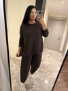 Oversize Pamuklu Modal Kumaş Şalvar Pantolonlu Kadın İkili Takım - Kahve 