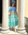 Oversize Patchwork Bohem Etnik Desenli Uzun Elbise - Mavi 