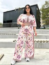 Oversize Pembe Çiçek Desenli Kadın İkili Takım - Krem 