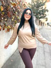 Oversize Şardonlu Deri Detaylı Kadın Sweatshirt - Camel 