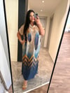 Oversize V Yaka Maxi Boy Simli Elbise - Mavi