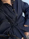 Balon Kol Gold Metal Düğmeli Bağcıklı Denim Elbise