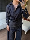 Kruvaze Yaka İndigo Denim Görünümlü Gömlek