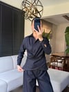 Kruvaze Yaka İndigo Denim Görünümlü Gömlek