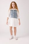 Kız Çocuk 7-14 Yaş Denim Parçalı Fisto Elbise  Beyaz J40032