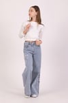 Kız Çocuk 9-15 Yaş Fiyonklu Kot Pantolon  Bol Paça Mavi 9826
