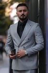 Kruvaze Plastik Düğme Kırçıllı Açık Gri Takım Elbise