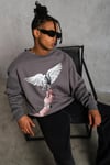 Kuş Baskılı Oversize Sweatshirt Gri
