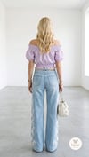 ​Çizgili Dokuma Madonna Yaka Lila Crop Bluz