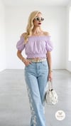 ​Çizgili Dokuma Madonna Yaka Lila Crop Bluz