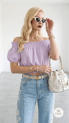 ​Çizgili Dokuma Madonna Yaka Lila Crop Bluz