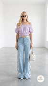 ​Çizgili Dokuma Madonna Yaka Lila Crop Bluz