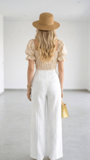 Keten Dokulu Halka Detaylı Gipeli Crop Bluz