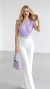 Lila Kruvaze Yaka Drape Detaylı Bodysuit