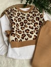 Kız Çocuk Leopar Detaylı Triko Pantolonlu Takım