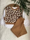 Kız Çocuk Leopar Detaylı Triko Pantolonlu Takım