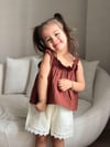 Kız Çocuk Müslin Kahverengi Üst Krem Şort Takım