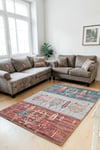 Alpin Home New Age Yıkanabilir Etnik Figürlü Bordo Gri Turkuaz Renk Dokuma Taban Kaymaz Kilim 